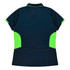 A navy polo shirt featuring bright green panel accents and a logo on the back.