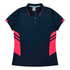 A navy polo shirt with pink accents and a logo, featuring a collar and short sleeves.