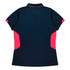 A navy polo shirt with pink side panels and a collar, featuring a logo on the back.