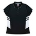 A black polo shirt featuring white side panels and a logo on the chest. Designed for women's wear.