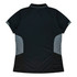 A black polo shirt with grey panel accents on the sides and back, featuring a collar and short sleeves. It has a logo.