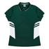 A green polo shirt featuring white accents and a logo. Designed for women, it has a classic collar and buttons.