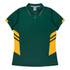 A green polo shirt with yellow accents and three stripe details on the sides. It has a collar and short sleeves.