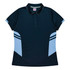 A navy blue polo shirt with light blue accents and a collar. It features a logo on the chest.