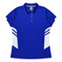 A blue women's polo shirt featuring white side panels and a logo on the chest.