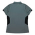 A grey women's polo shirt with short sleeves and black side panels, featuring a logo.