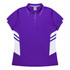 A purple polo shirt featuring white panels and a logo, designed for women.