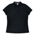 A black women's polo shirt featuring a collared neckline and short sleeves, with subtle design details and a logo.