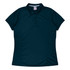 A dark teal polo shirt with a collared design, featuring short sleeves and side panels, along with a logo.