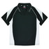 A black polo shirt with white accents and a collar, featuring a logo on the chest.