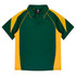 A green polo shirt with yellow accents and a collar, featuring a logo on the chest.