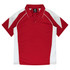 A red polo shirt with white accents and a collar, featuring a logo on the chest area.