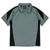 A grey and black polo shirt featuring a collar and short sleeves, with contrasting panels on the sides and shoulders.