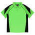 A green and black polo shirt featuring a collar and short sleeves, with a logo on the label.