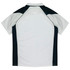 A short-sleeved polo shirt in white with black accents and a logo on the side.