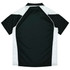 A black and white polo shirt featuring short sleeves and a contrasting design with a logo.