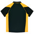 A polo shirt featuring green and yellow panels, designed for kids, with a logo on the front.