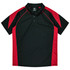 A black polo shirt with red accents and a collar, featuring a logo on the upper side.