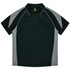 A dark green polo shirt with grey side panels and a collar, featuring a logo.