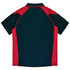 A polo shirt featuring a navy blue and red design, with a collar and short sleeves, including a logo.