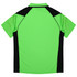 A bright green polo shirt with black accents and a logo on the back.