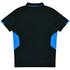 A black polo shirt with blue accents on the sides and a collar, featuring a logo on the front.