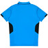 A blue polo shirt with black accents, featuring a logo on the back.