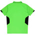 A bright green polo shirt with black accents on the sides and a collar. The design features a logo.