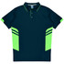 A navy polo shirt with lime green accents and a logo, featuring a classic collar and short sleeves.