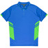 A blue polo shirt with green accents and a collar, featuring a logo on the chest.