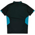 A dark green polo shirt featuring turquoise side panels and a collar. The shirt has a logo on it.