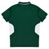 A green polo shirt with white side panels and a collar, featuring a logo on the back.