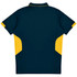 A navy blue polo shirt with yellow side panels and a logo. The shirt features a classic collar and short sleeves.