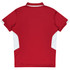 A red polo shirt with white accents on the sides and a collar. The shirt has a logo on it.