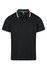 A black polo shirt featuring white stripe accents on the collar and sleeves, with a logo on the chest.