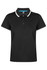 A black polo shirt featuring a classic collar and contrasting trim, complete with a logo.