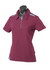 A maroon polo shirt with light blue accents, featuring a collar and short sleeves. It has a logo on it.