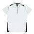 A white polo shirt with black side panels and a collar, featuring a logo on the upper section.