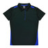 A black and blue women's polo shirt with a collared neckline and short sleeves, featuring a logo.