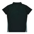 A dark green polo shirt with short sleeves and a grey side panel, featuring a collar and a logo.