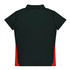 A dark green polo shirt with red side panels and a collar. The shirt features a branding logo.