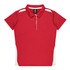 A red polo shirt featuring white side panels and a collar, with a logo on the neckline.