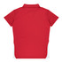 A red polo shirt with a collar and short sleeves, featuring a side panel design. It has a logo on the front.