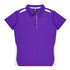 A purple polo shirt featuring a collar, buttons, and contrasting white side panels. It has a logo on the label.