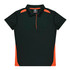 A dark green polo shirt with orange accents and a logo on the chest.