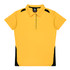A yellow polo shirt with black side panels and a collar, featuring buttons and a logo.