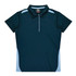 A dark green polo shirt with light blue side panels and a collar, featuring a button-up front and a logo.