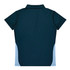 A dark green polo shirt with light blue side panels and a collar. It features a logo on the garment.