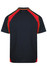 A black polo shirt with red and yellow accents, featuring a logo on the front.
