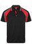 A black polo shirt with red accents and a logo. It features a collar, buttons, and a sporty design.